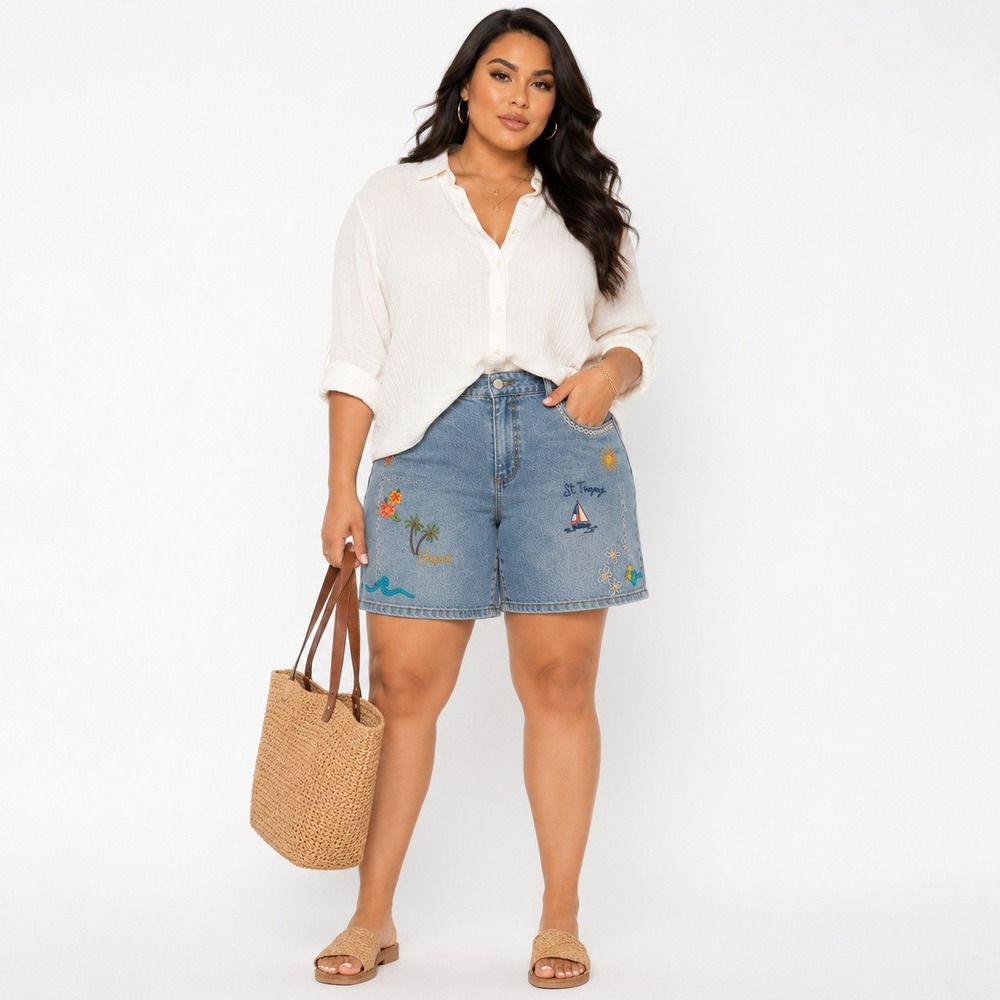 Driftwood Womens Embroidered Vacation Bermuda Denim Shorts Light Wash Blue 16